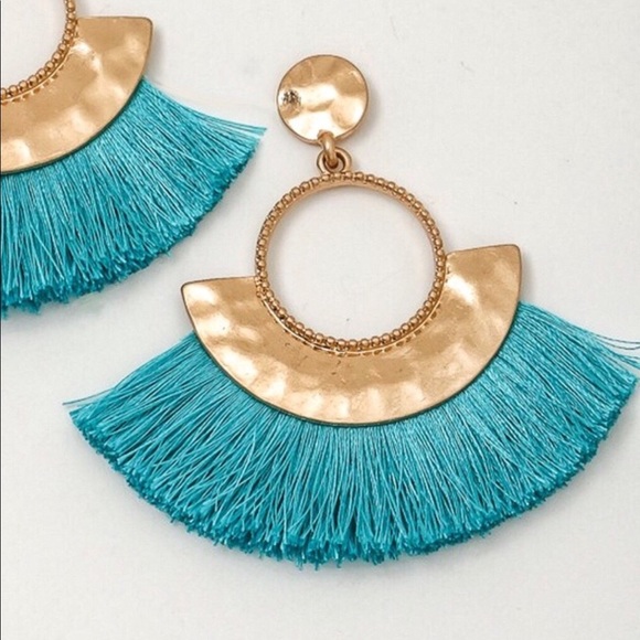 Turquoise Tassel Gold Statement Earrings Hoop Aqua - Picture 2 of 4